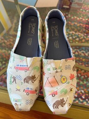 TOMS Canvas Slip-On Shoes - Beige Camping Print